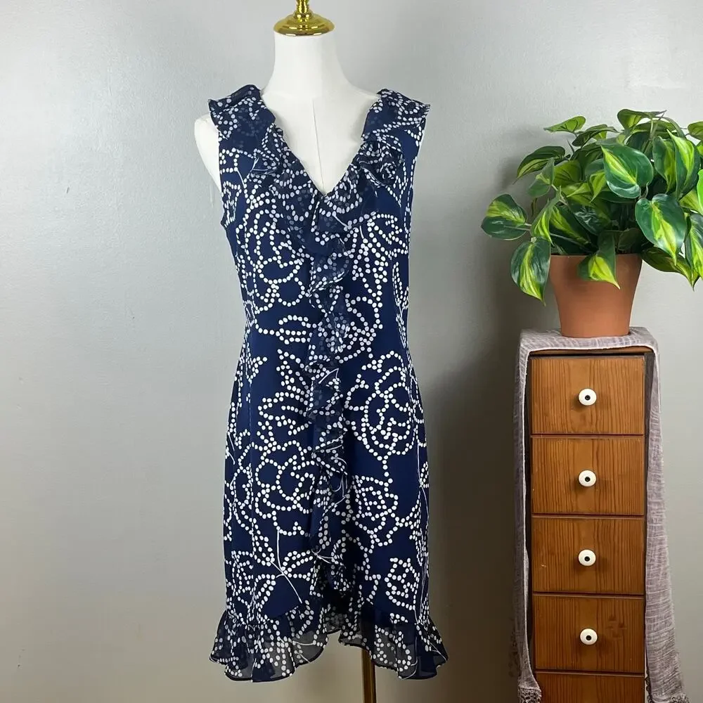 Karl Lagerfeld Navy Blue with White Dots Ruffled Dress Medium - Picture 2 of 8